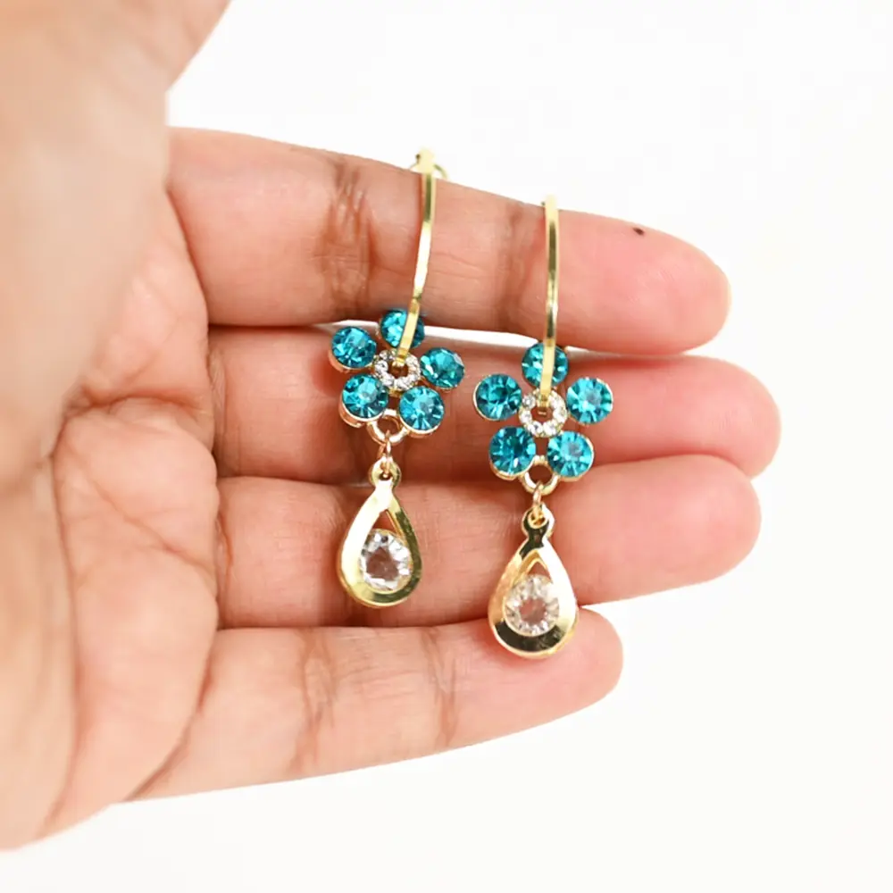 Blue Flower Crystal Drop Earrings. Drop Earrings for sale! Shop Online for cute earrings at Cutefunnystuff.com Hot selling products. Cute Funny Products, Gift shop online. Novelty Shop Online. Toronto Ontario Canada