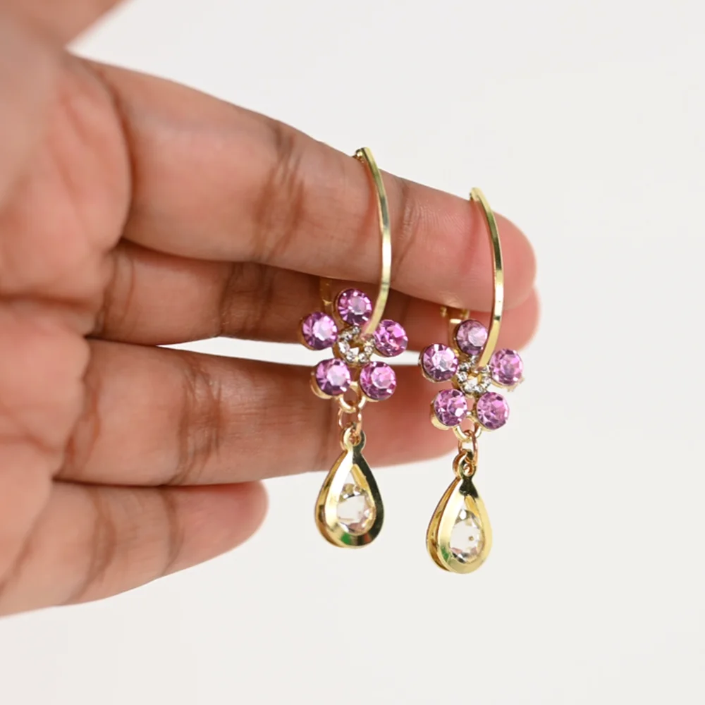 Purple Flower Crystal Drop Earrings. Drop Earrings for sale! Shop Online for cute earrings at Cutefunnystuff.com Hot selling products. Cute Funny Products, Gift shop online. Novelty Shop Online. Toronto Ontario Canada